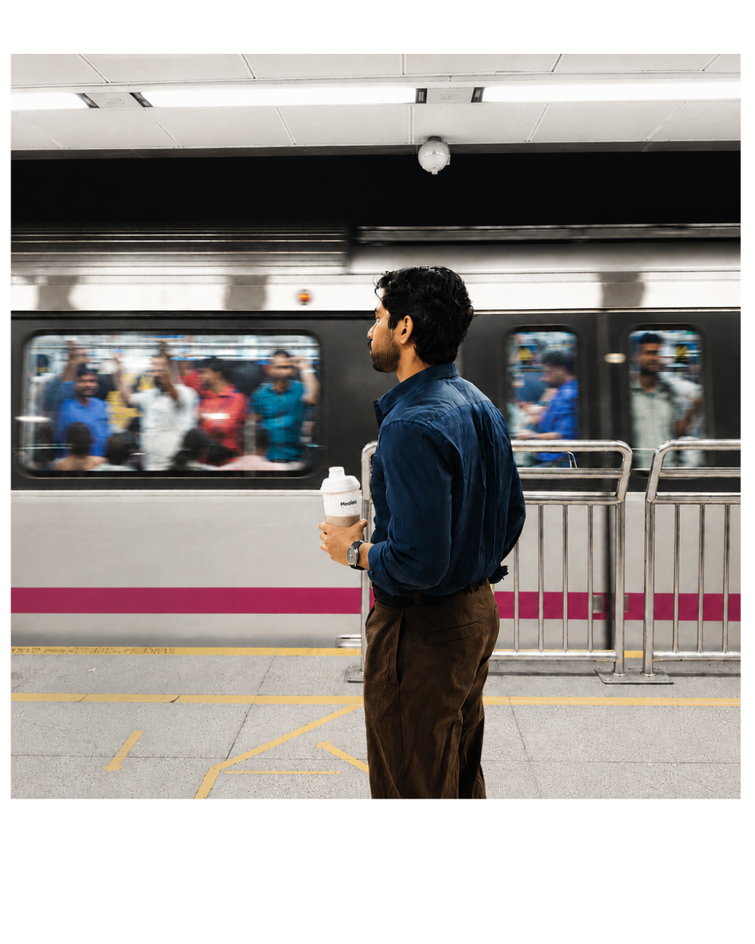 Person holding a Mealeo shaker on a metro platform